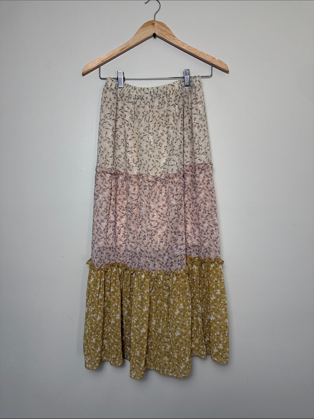 The Shew Tiered Floral Maxi Skirt in Cream, Pink & Mustard size M/L